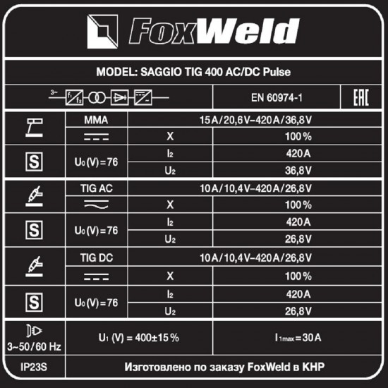 Аппарат аргонодуговой сварки SAGGIO TIG 400 AC/DC Pulse