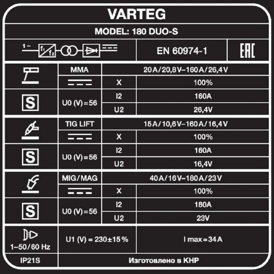 Сварочный полуавтомат VARTEG 180 DUO-S